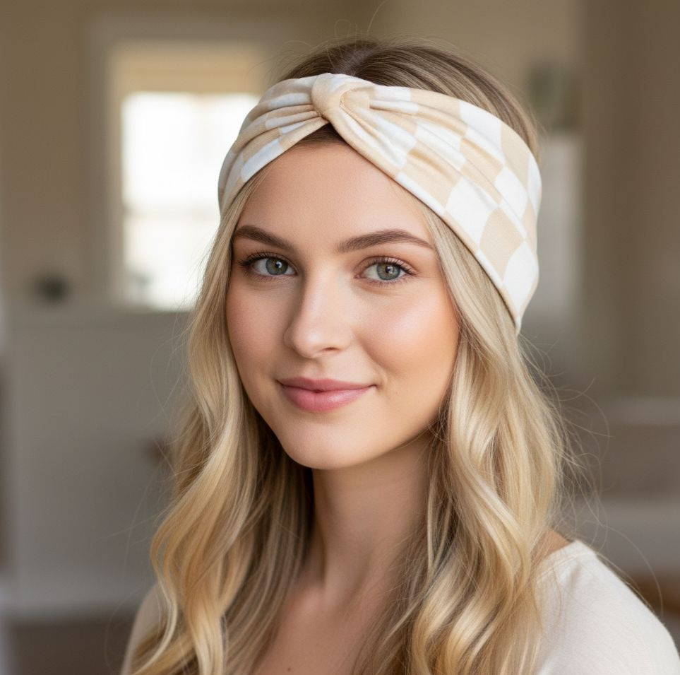 Beige & White Checkered Headband