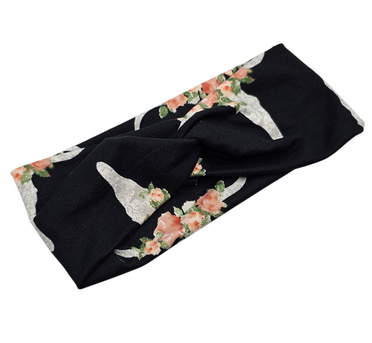 Floral Bull Skulls on Black Headband