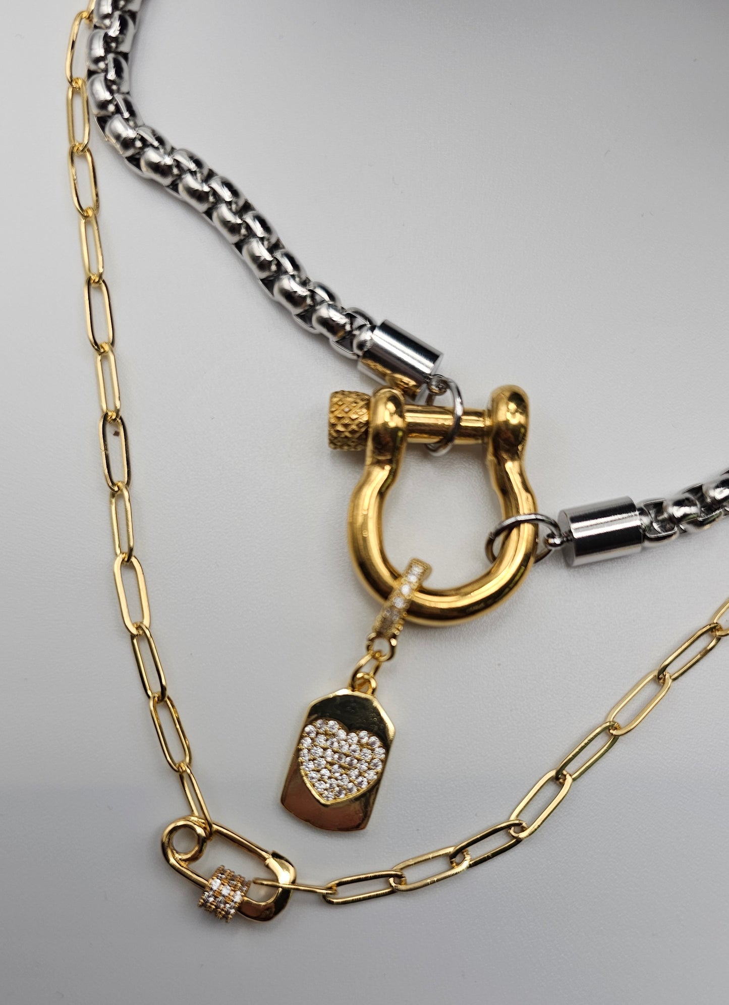 Safety Pin & Heart Gold Bar  Necklace Stack