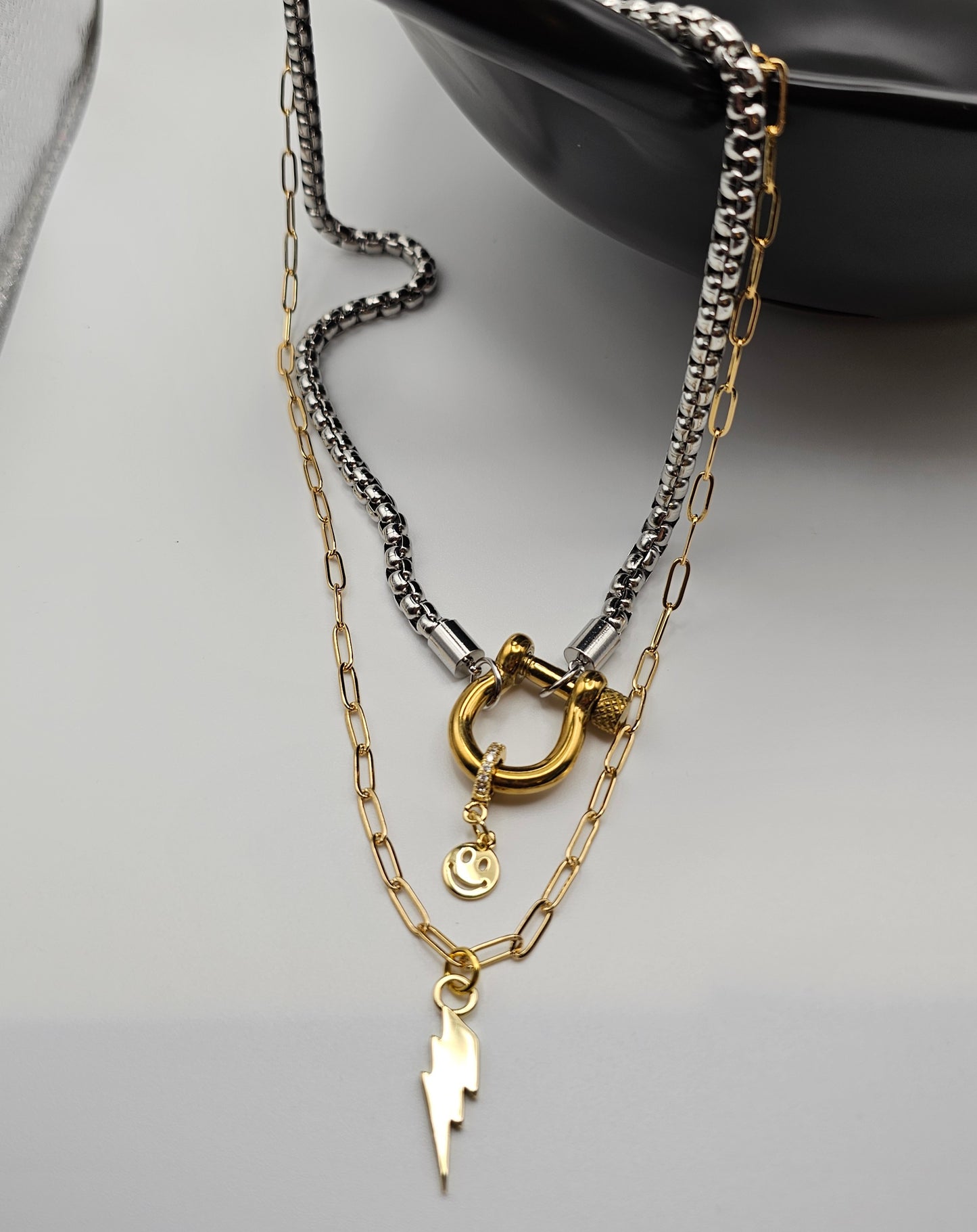 90s Nostalgia Smiley Face & Lightning Bolt Necklace Stack