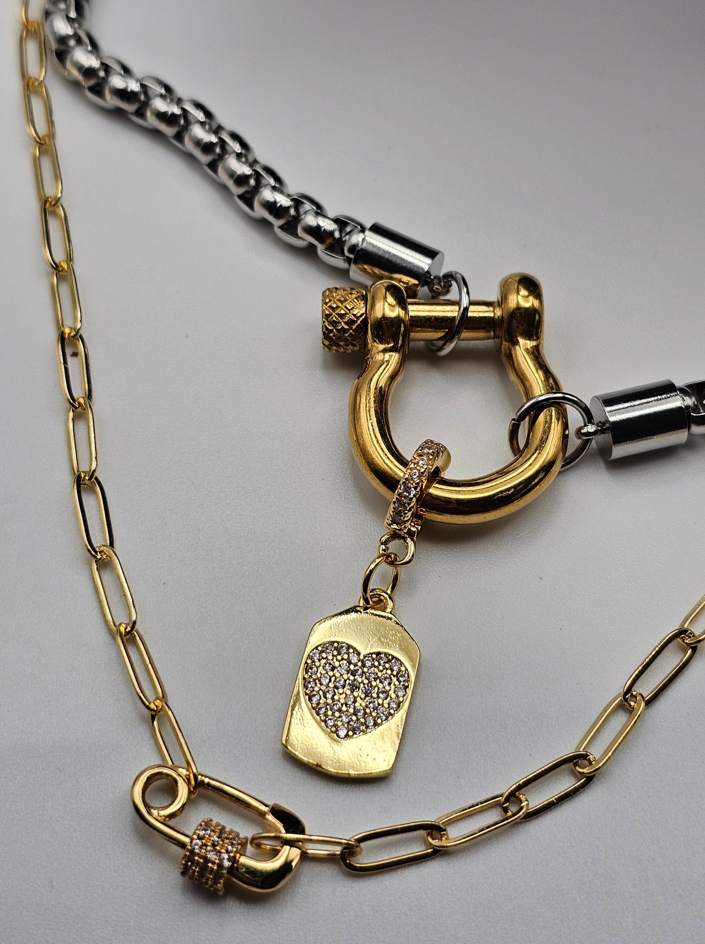 Safety Pin & Heart Gold Bar  Necklace Stack