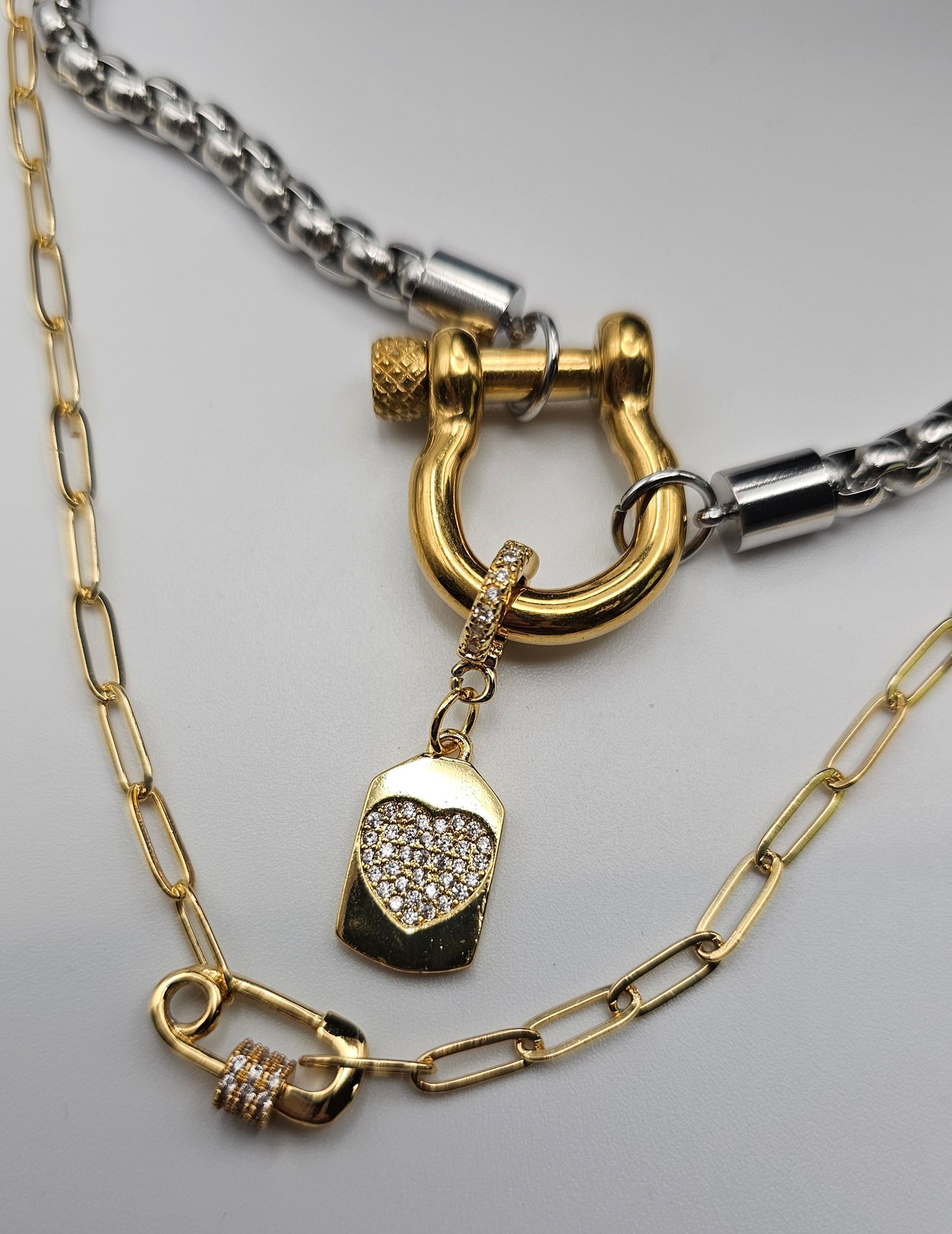 Safety Pin & Heart Gold Bar  Necklace Stack